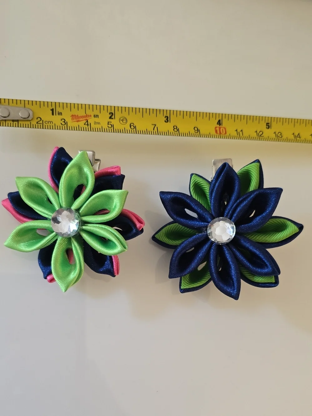 Handmade Kids Satin Flower Hair Clips - Navy & Green (Set of 2)